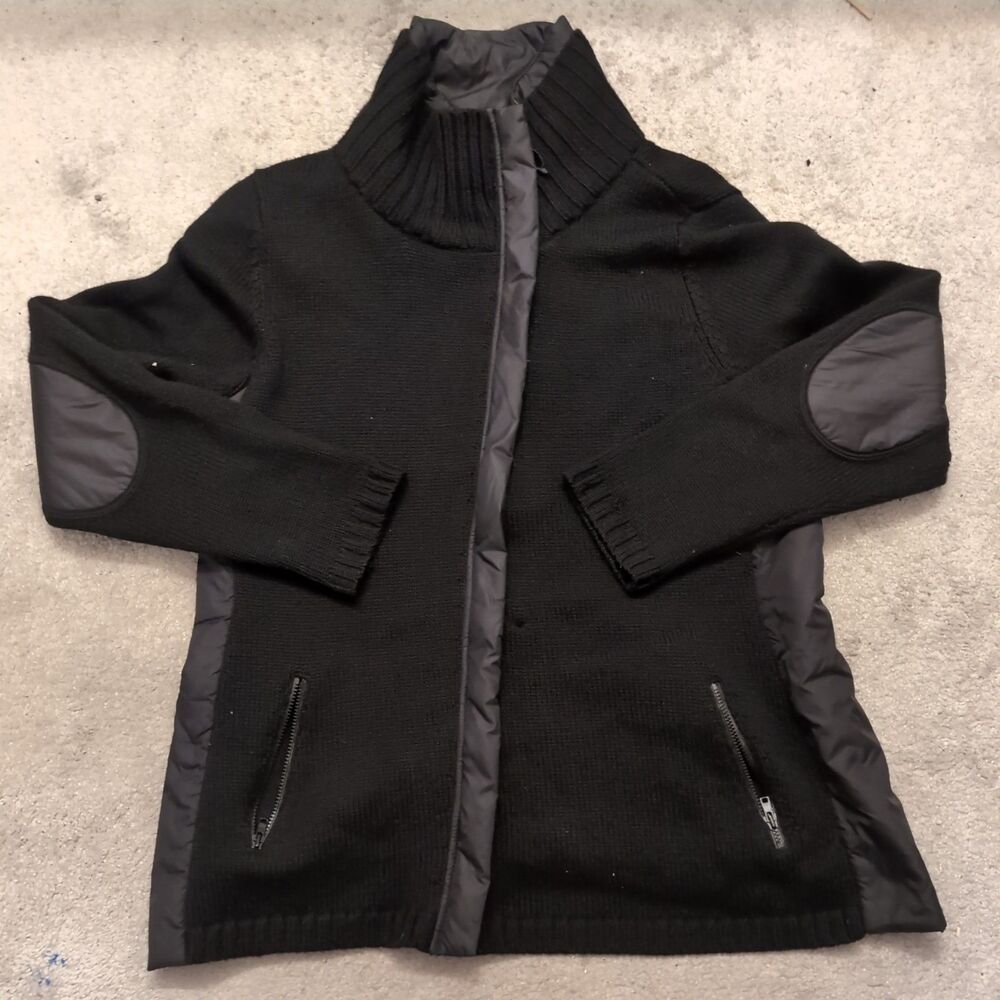 EILEEN FISHER Jacket Merino Wool Sweater Women L Black Knit Parka Asymmetric Zip